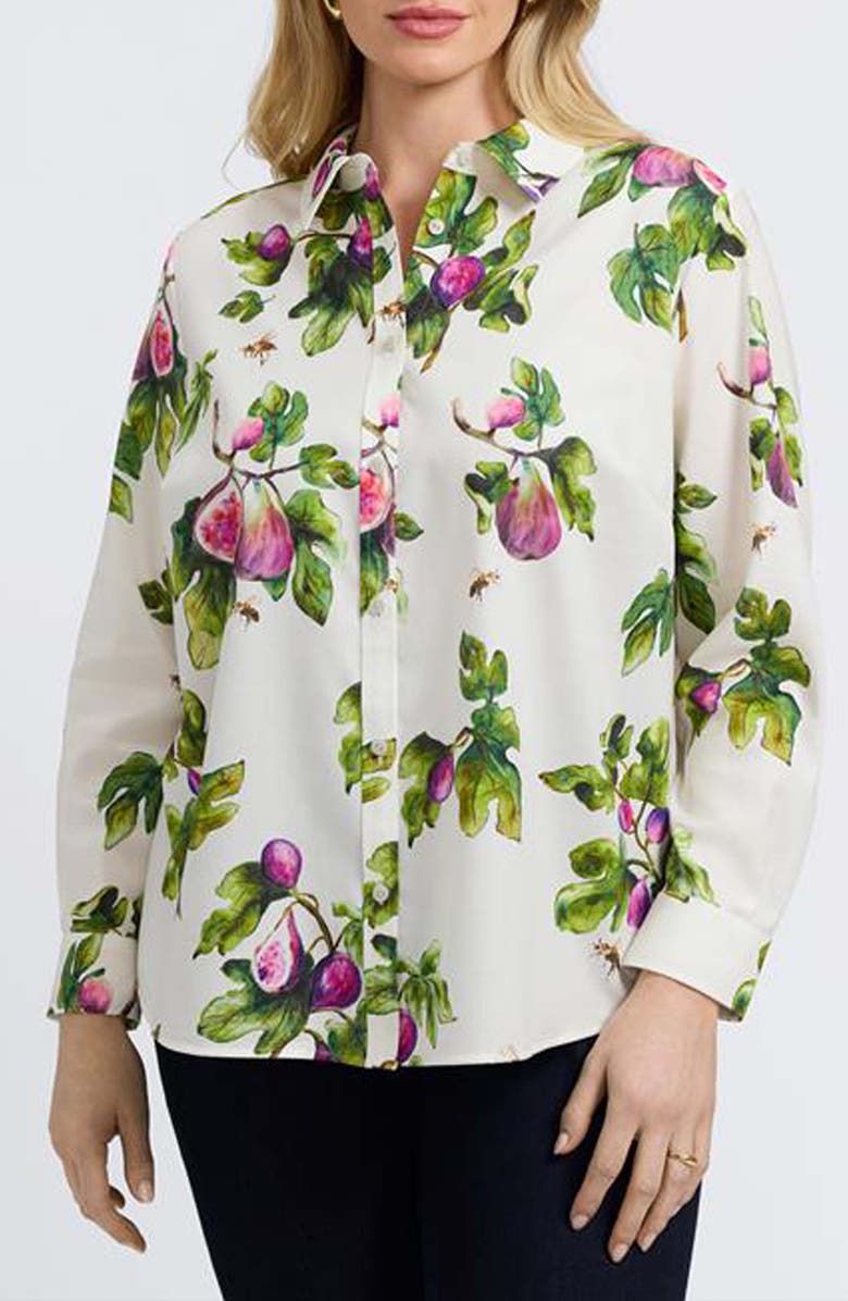 Foxcroft Hampton Figs Print Stretch Cotton Button-Up Shirt, Main, color, Ivory Multi