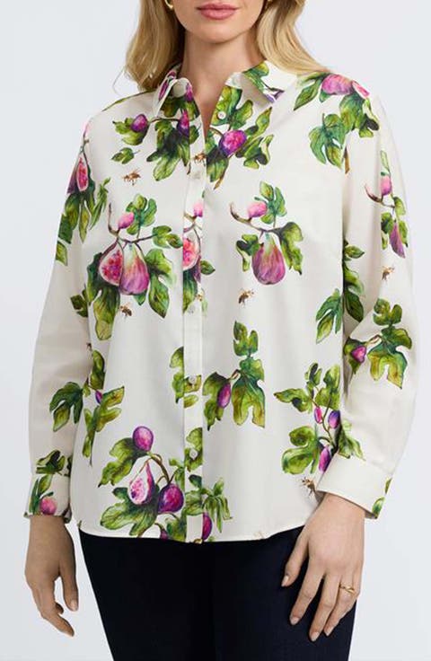 Hampton Figs Print Stretch Cotton Button-Up Shirt (Plus)