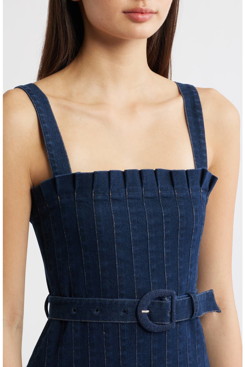 Pleated Belted Cotton Blend Denim Midi Dress, Alternate, color, INDIGO