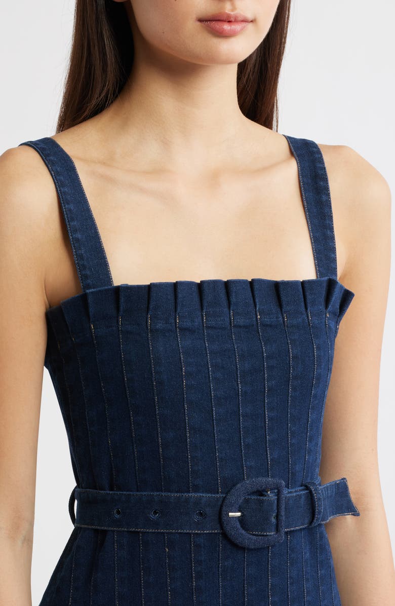 MOON RIVER Pleated Belted Cotton Blend Denim Midi Dress, Alternate, color, Indigo