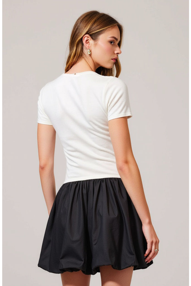 Short-Sleeve Knit and Poplin Mini Dress, Alternate, color, White / Black