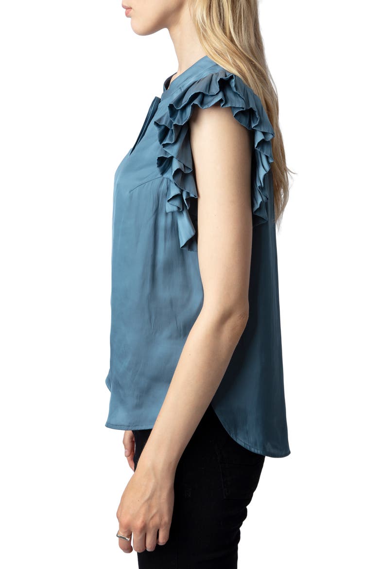 Tiza Ruffle Satin Button-Up Blouse, Alternate, color, BLUESTONE