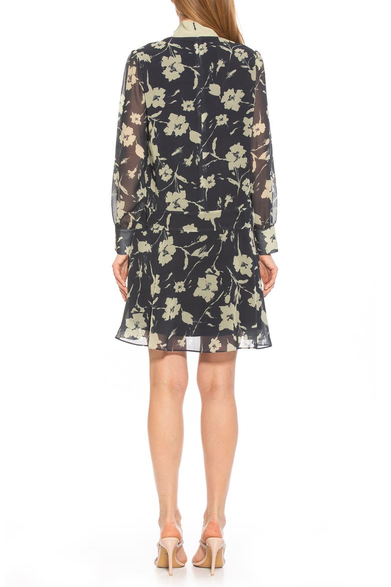 Drop Waist Tie Neck Long Sleeve Dress, Alternate, color, BLACK WHITE FLORAL