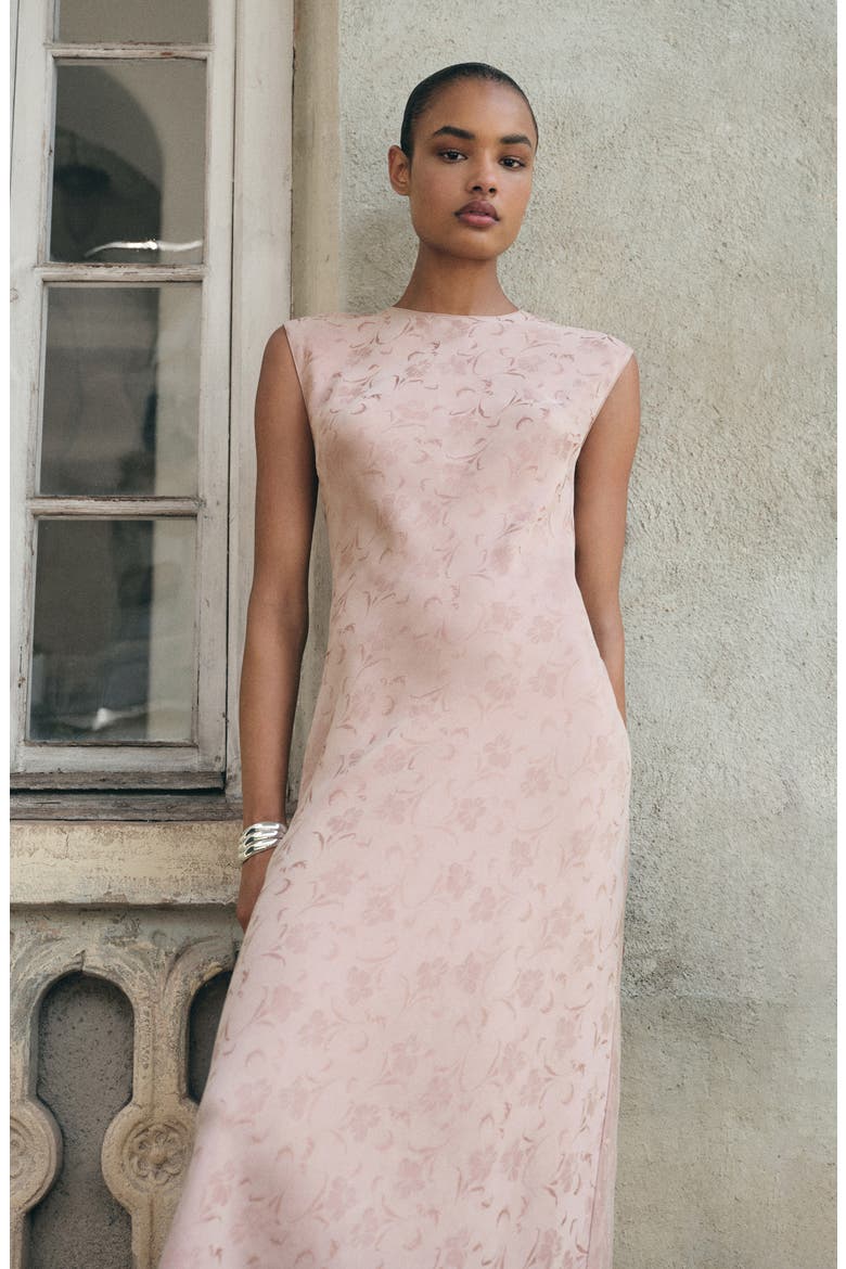 Satin Floral Jacquard Cap Sleeve Midi Dress, Alternate, color, PASTEL PINK