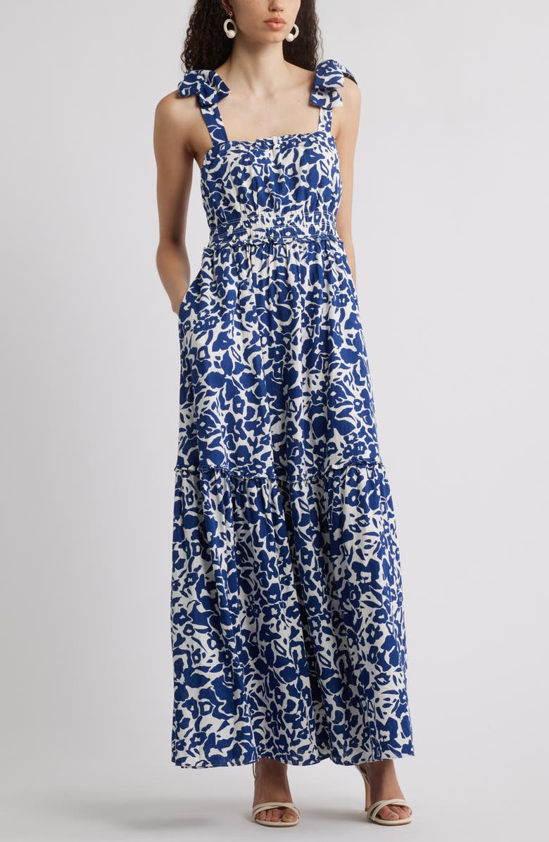 Chelsea28 Tie Strap Floral Print Maxi Dress, Main, color, Ivory- Blue Jackie Floral