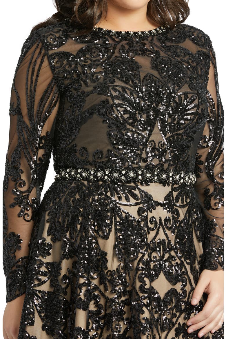 Sequin Burnout Long Sleeve Ballgown, Alternate, color, BLACK NUDE