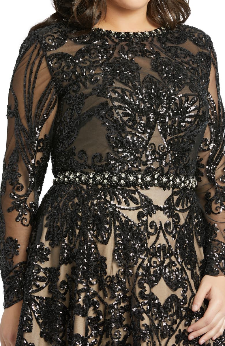 Mac Duggal Sequin Burnout Long Sleeve Ballgown, Alternate, color, 