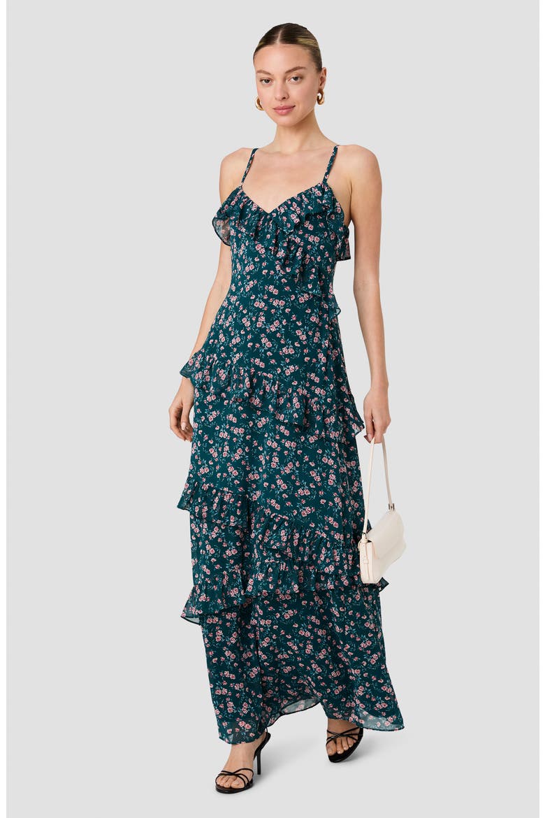 Marina Lucia Floral Chiffon Tiered Maxi Dress, Alternate, color, DEEP TEAL LUCIA FLEUR MULTI