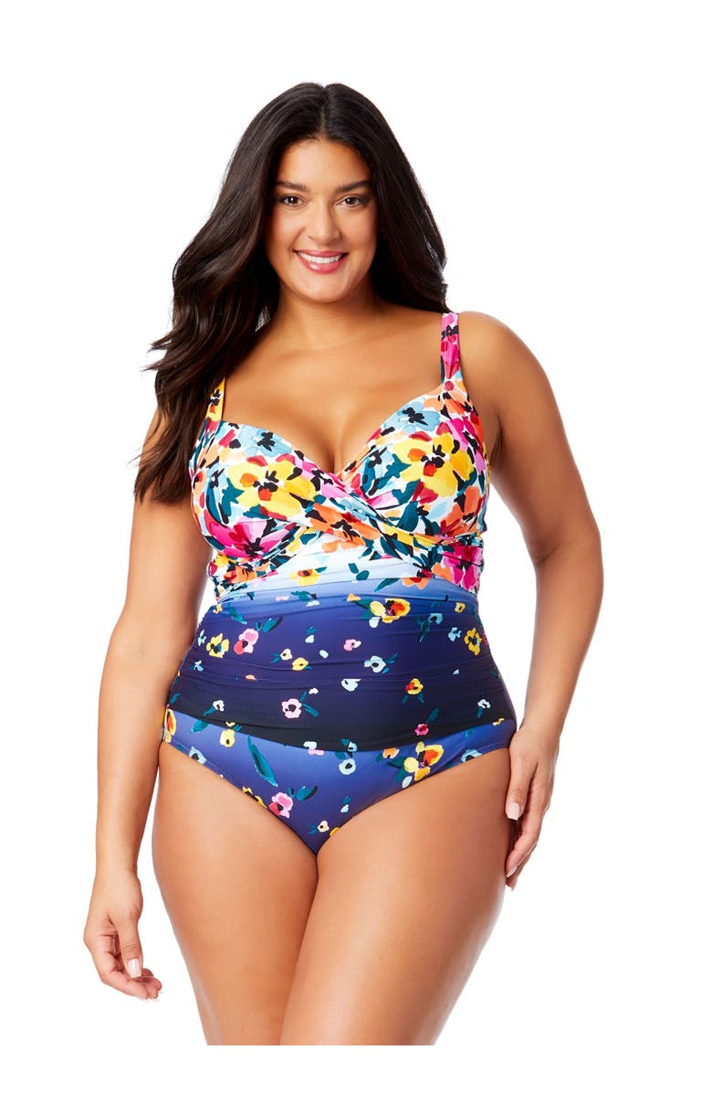 Anne Cole Plus Women's Plus Gradient Floral Underwire Surplice One Piece Swimsuit, Alternate, color, Gradient Floral