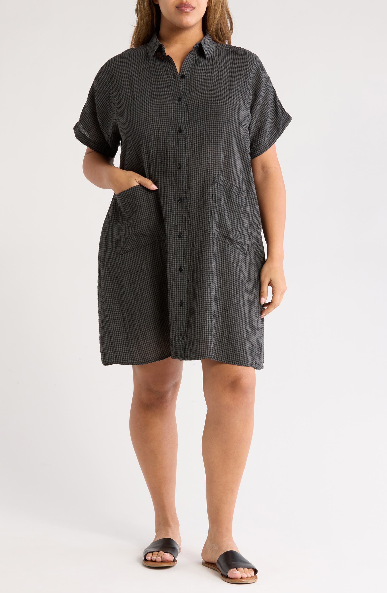 Eileen Fisher Check Organic Linen Button-Up Dress | Nordstromrack