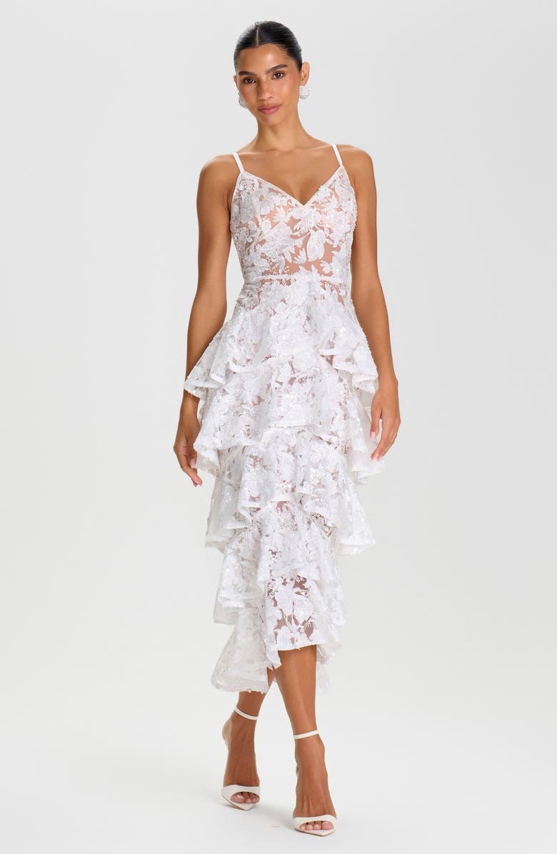 NADINE MERABI Saffron Lace Ruffle Tiered Cocktail Sheath Dress, Alternate, color, White