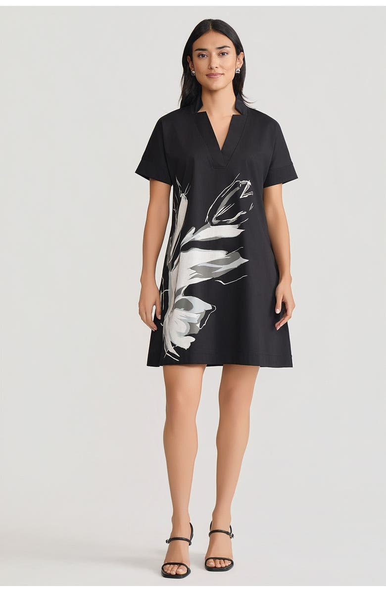 Ming Wang Relaxed A-Line Floral Printed Stretch Cotton Dress, Alternate, color, Black/White