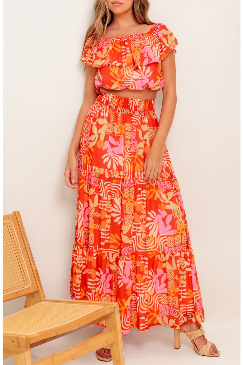 Flutter Sleeve Crop Top & Maxi Skirt Set, Alternate, color, RED