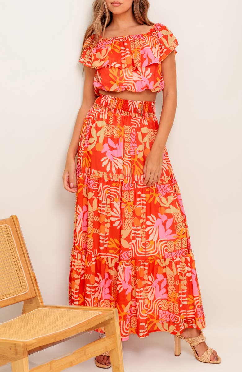 FLYING TOMATO Flutter Sleeve Crop Top & Maxi Skirt Set, Alternate, color, Red