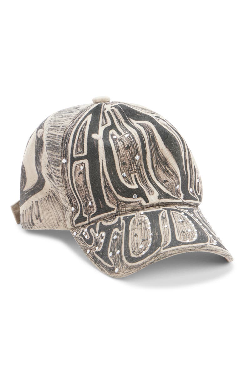 Acne Studios Crystal Embellished Print Baseball Cap, Main, color, 