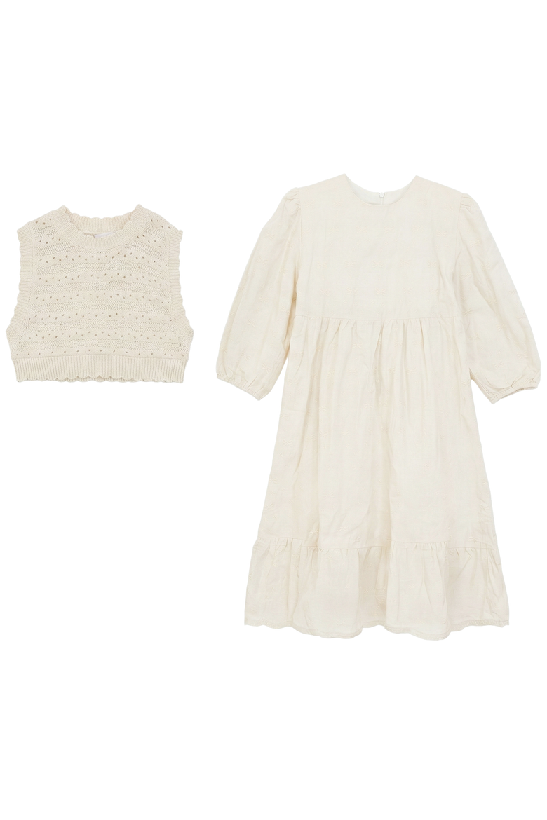 Embroidered Cotton Scalloped Hem Dress with Vest Set, Main, color, Ivory