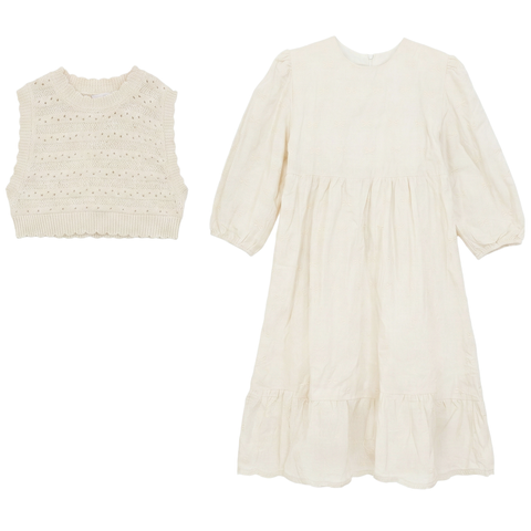 Embroidered Cotton Scalloped Hem Dress with Vest Set