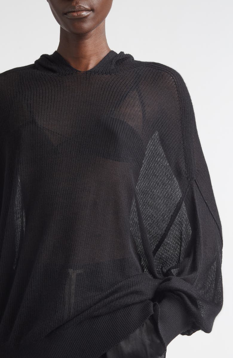 Rick Owens Hun Oversize Rib Cashmere Hoodie, Alternate, color, Black