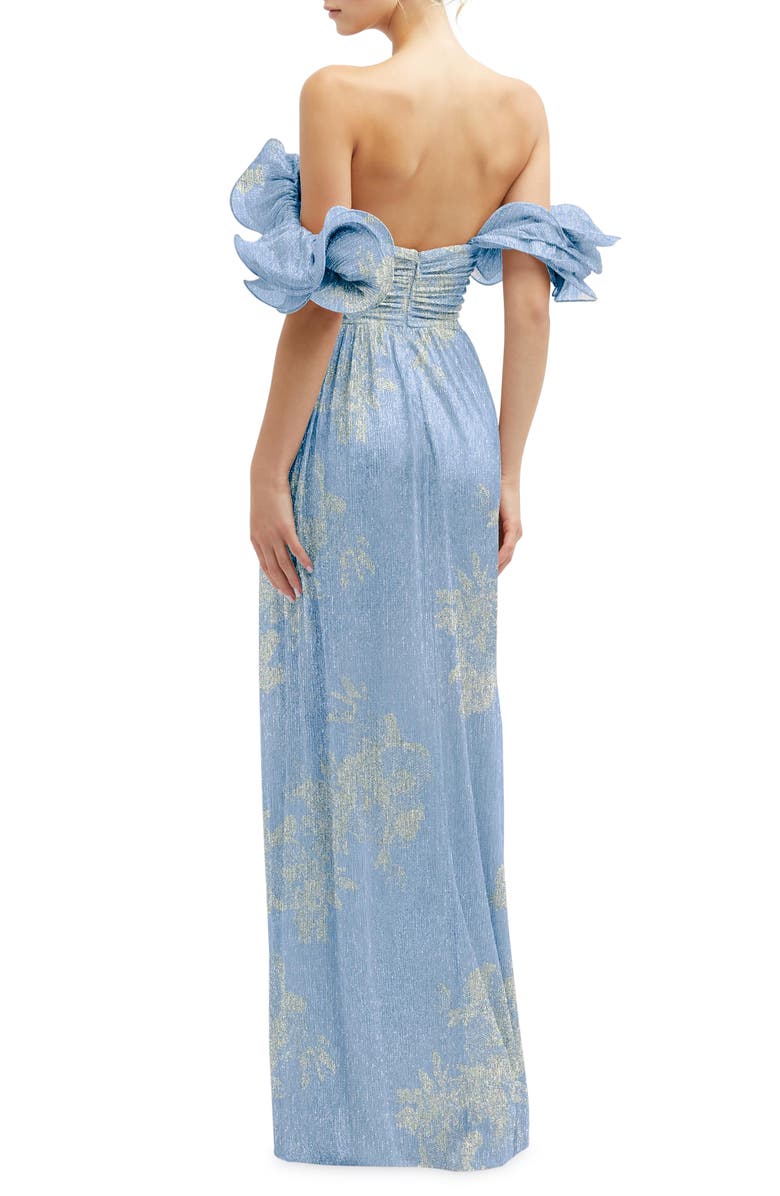 After Six Ruffle Off the Shoulder Metallic Column Gown, Alternate, color, Larkspur