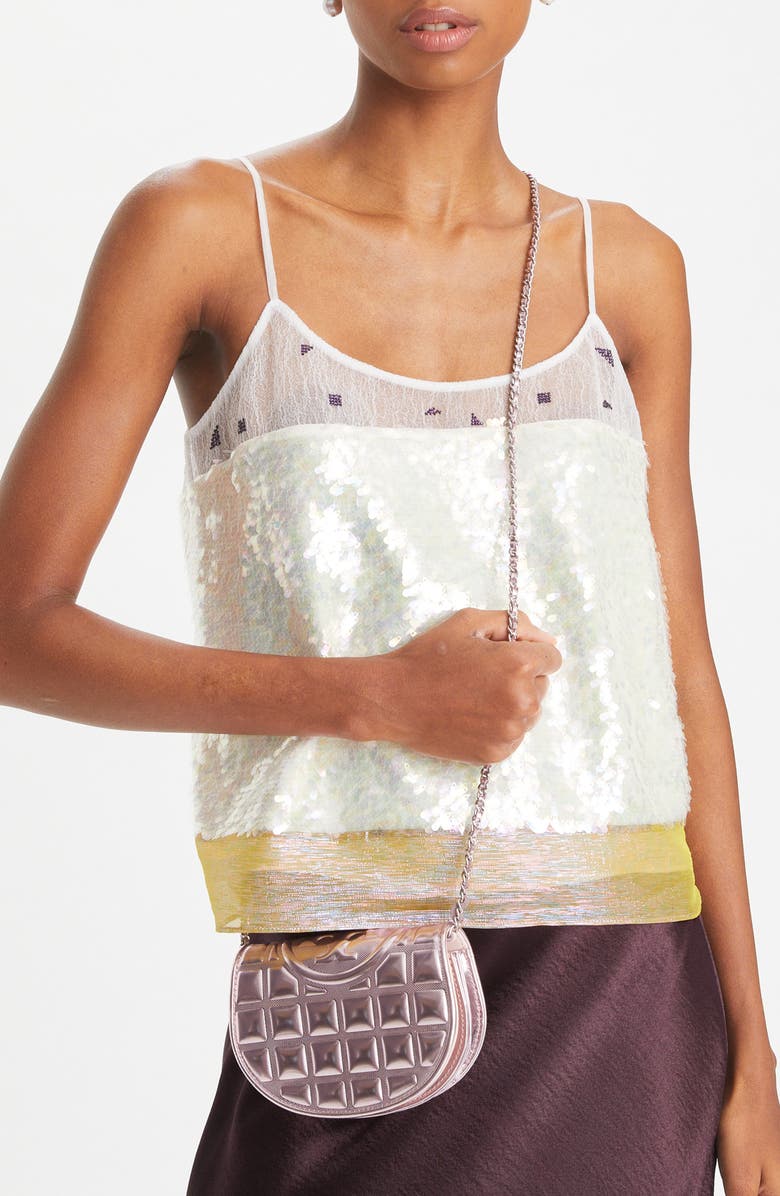 Tory Burch Fleming Metallic Square Quilt Mini Crossbody, Alternate, color, Sparkle Pink