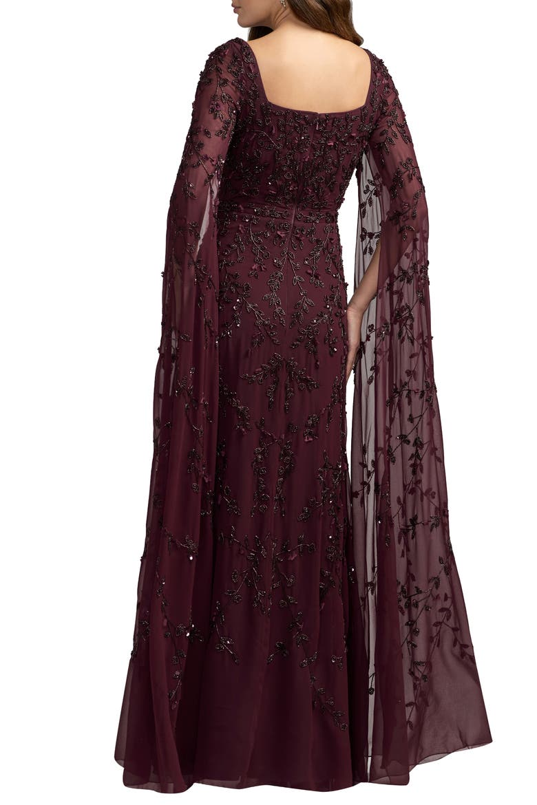 Petite Embellished Cape Sleeve A-Line Mesh Maxi Gown, Alternate, color, Aubergine