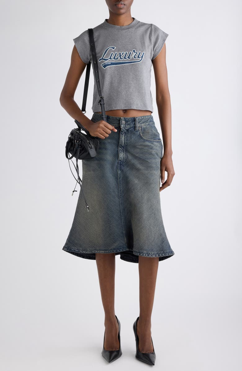 Balenciaga Luxury Script Appliqué Shrunken Cotton T-Shirt, Alternate, color, Dark Heathr Grey/ Blue