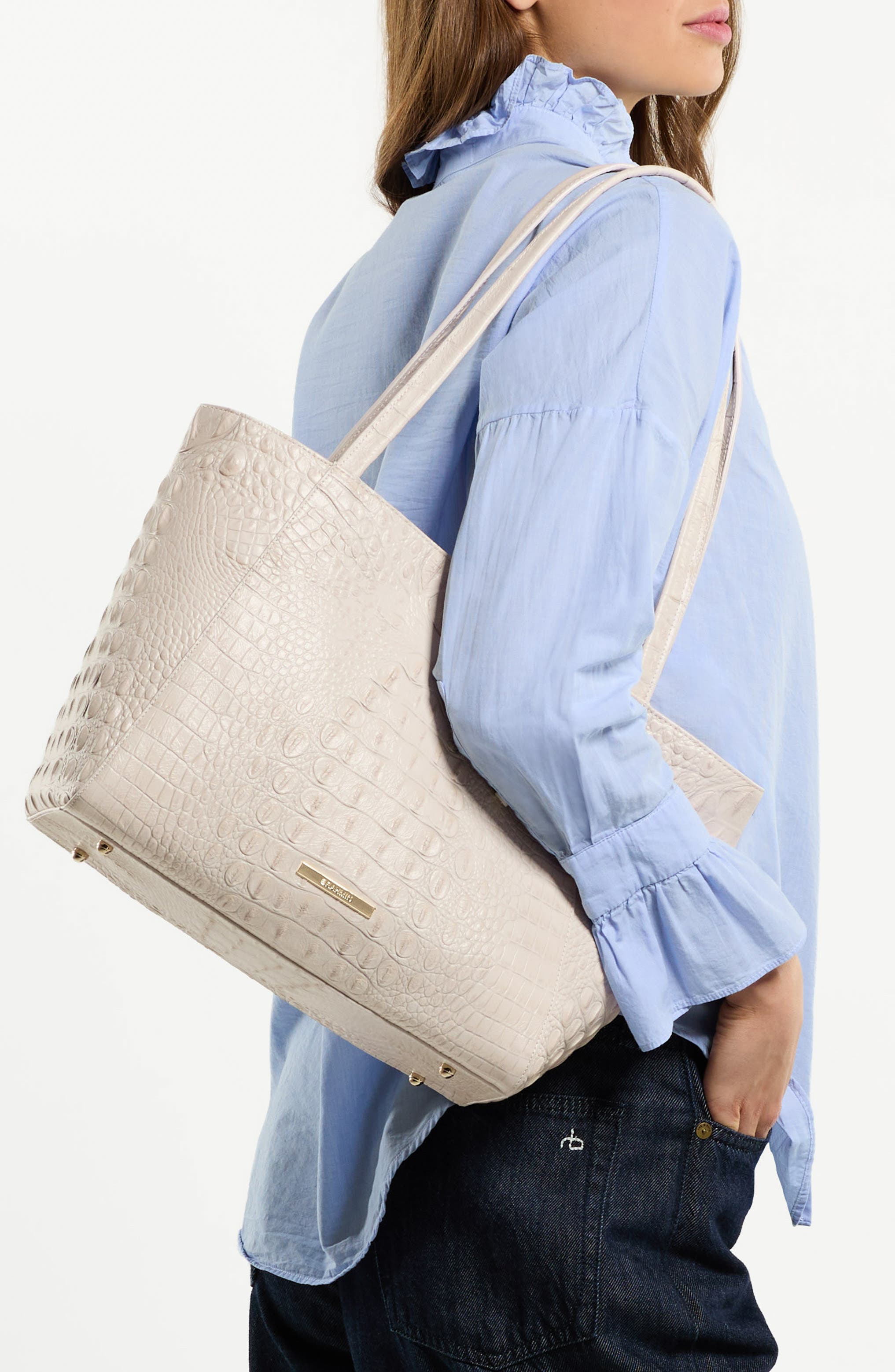 Brahmin Mona Croc Embossed Leather Tote, Alternate, color, Ivory