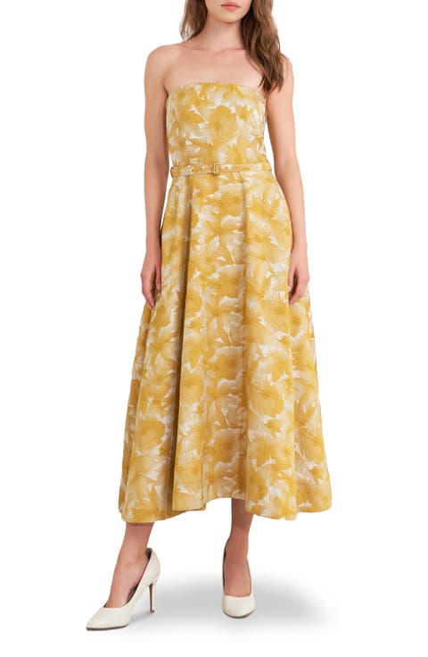 Strapless Floral Jacquard Midi Dress