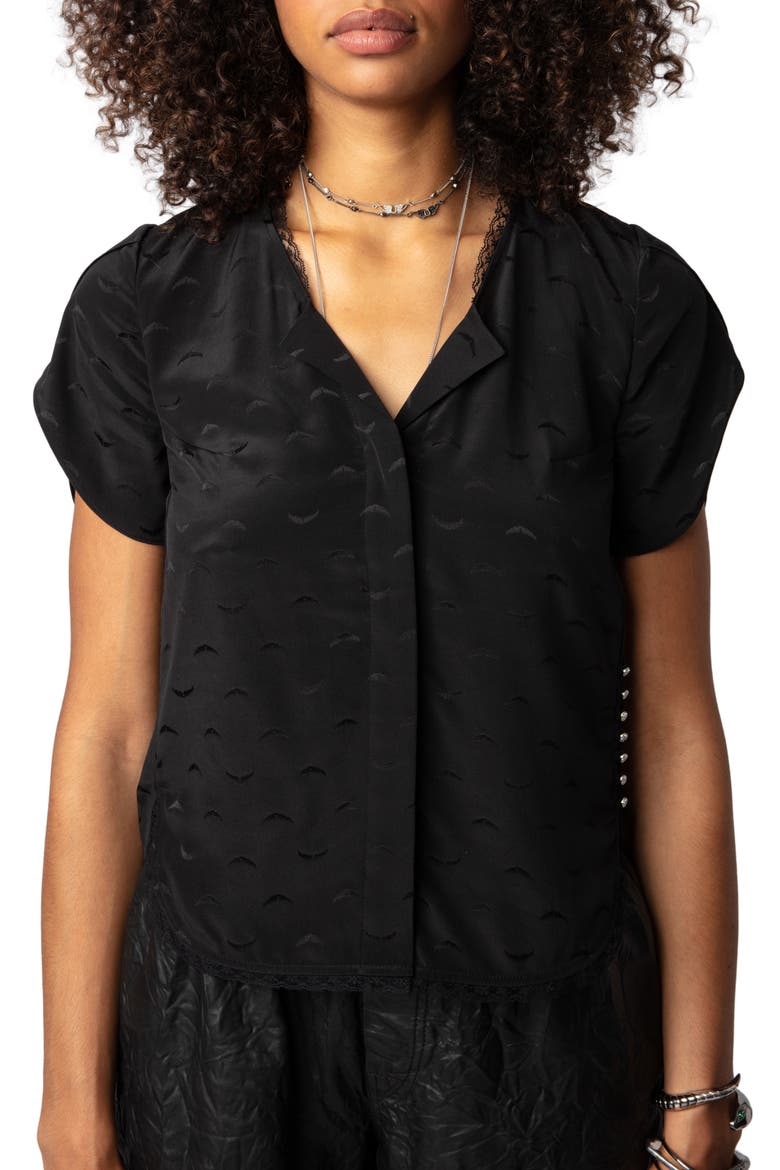 Tiffiny Wing Jacquard Button-Up Silk Shirt, Main, color, NOIR