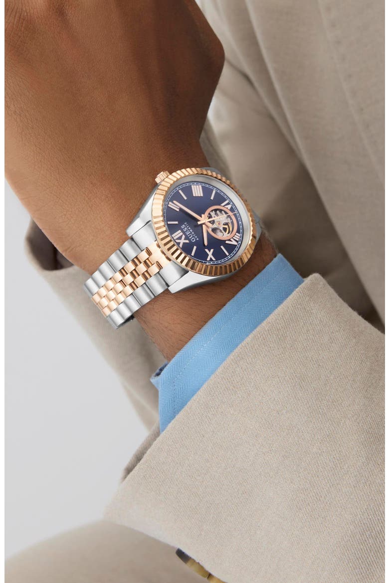 Open Heart Two-Tone Automatic Bracelet Watch, 42mm, Alternate, color, 2-TONE/ BLUE