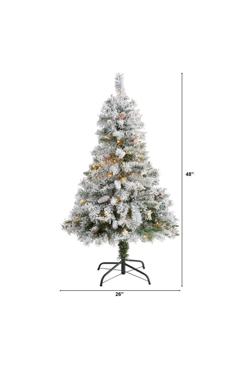 NEARLY NATURAL 4-ft Flocked White River Mountain Pine Artificial Christmas Tree with Pinecones and 100 Clear LED Lights, Alternate, color, Green