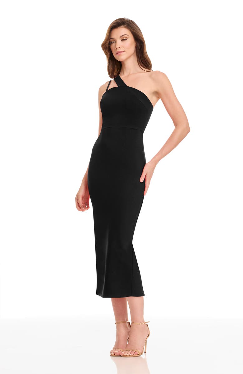 Dress the Population April Asymmetric Midi Dress, Alternate, color, Black