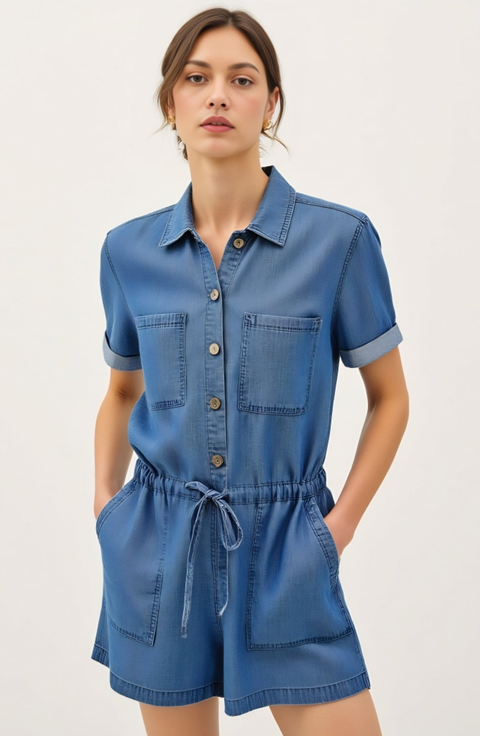 Utility Button-Up Denim Romper with Pockets and Drawstring Waist