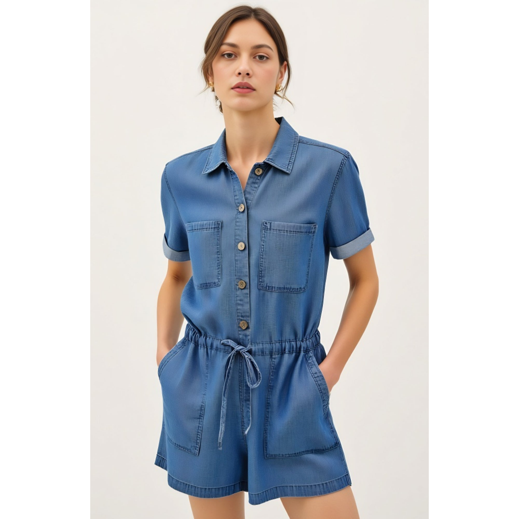 Modenaire Utility Button-up Denim Romper With Pockets And Drawstring Waist