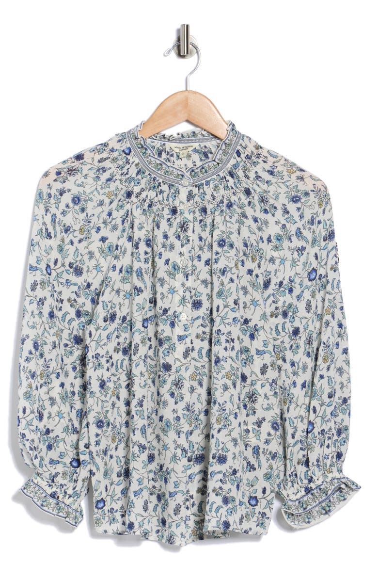 MAX STUDIO Ruffle Collar Puff Shoulder Top, Alternate, color, Ecru/ Blue Azalea Chintz