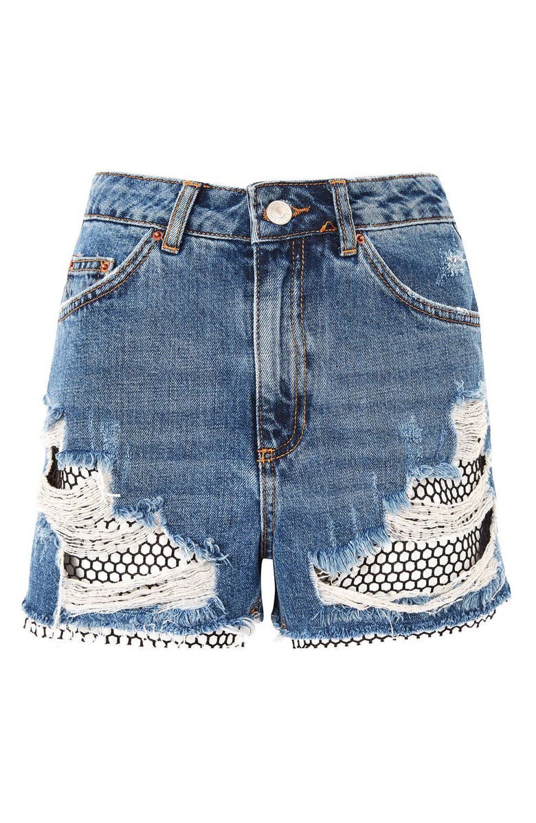 Topshop Fishnet Rip Mom Shorts, Alternate, color, 