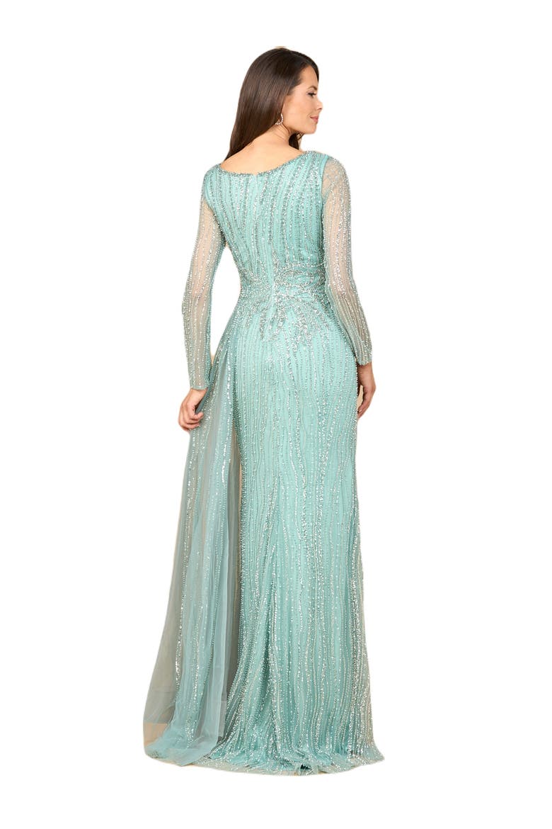 Long Sleeve V-Neck Gown with Drape, Alternate, color, Dark Sage