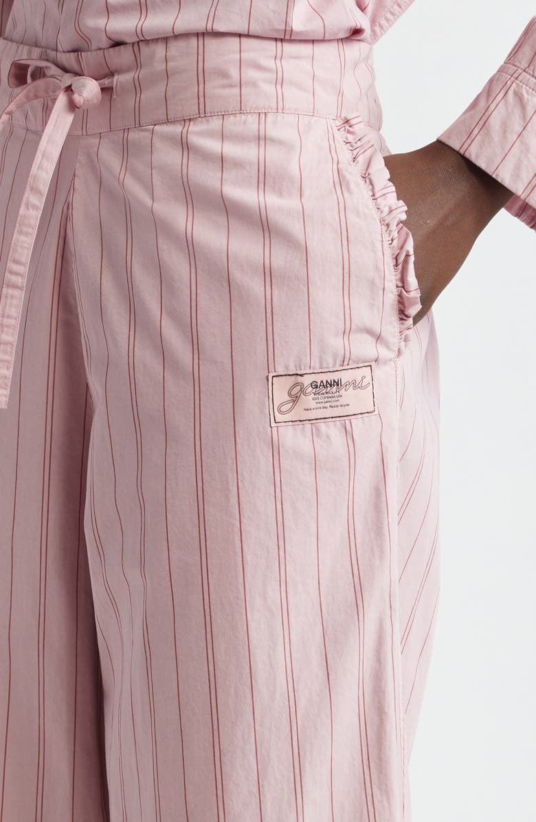 Ganni Ruffle Trim Stripe Organic Cotton Pants, Alternate, color, 