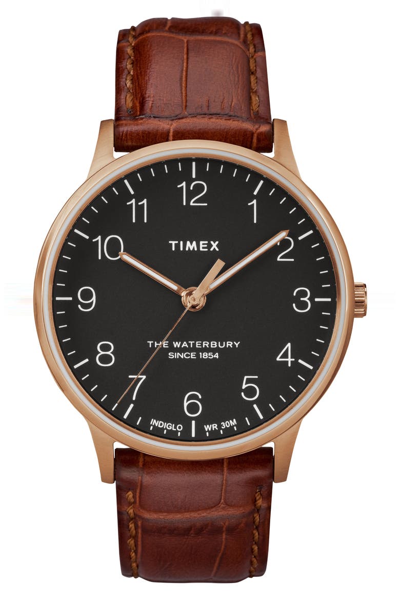 Waterbury Leather Strap Watch, 40mm, Main, color, BROWN/ BLACK/ ROSE GOLD