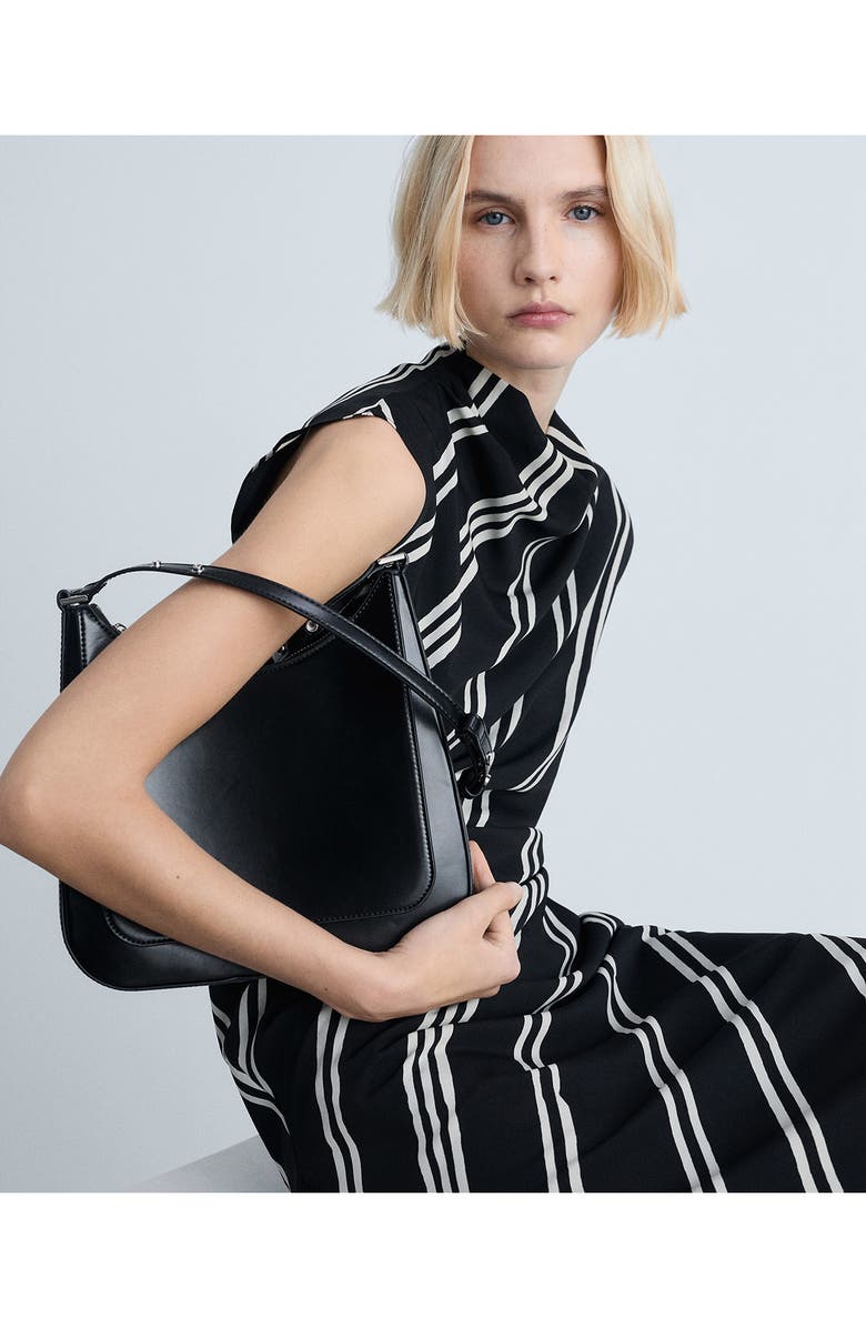 MANGO Stripe Asymmetric Sleeve Midi Dress, Alternate, color, Black