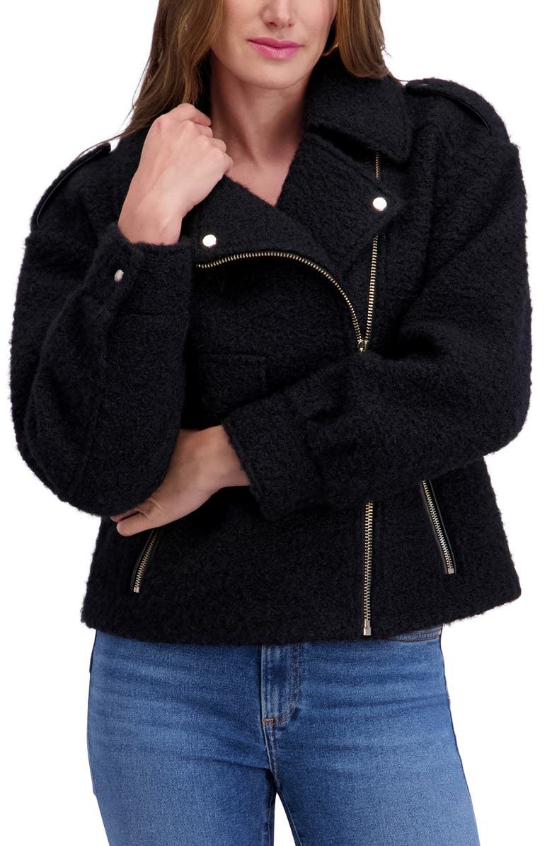 Kensie Bouclé Moto Jacket, Alternate, color, Black