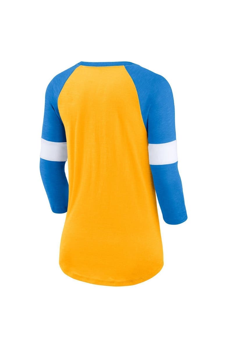 Nike Women's Nike Los Angeles Chargers Heather Gold/Heather Powder Blue Football Pride Raglan 3/4-Sleeve T-Shirt, Alternate, color,