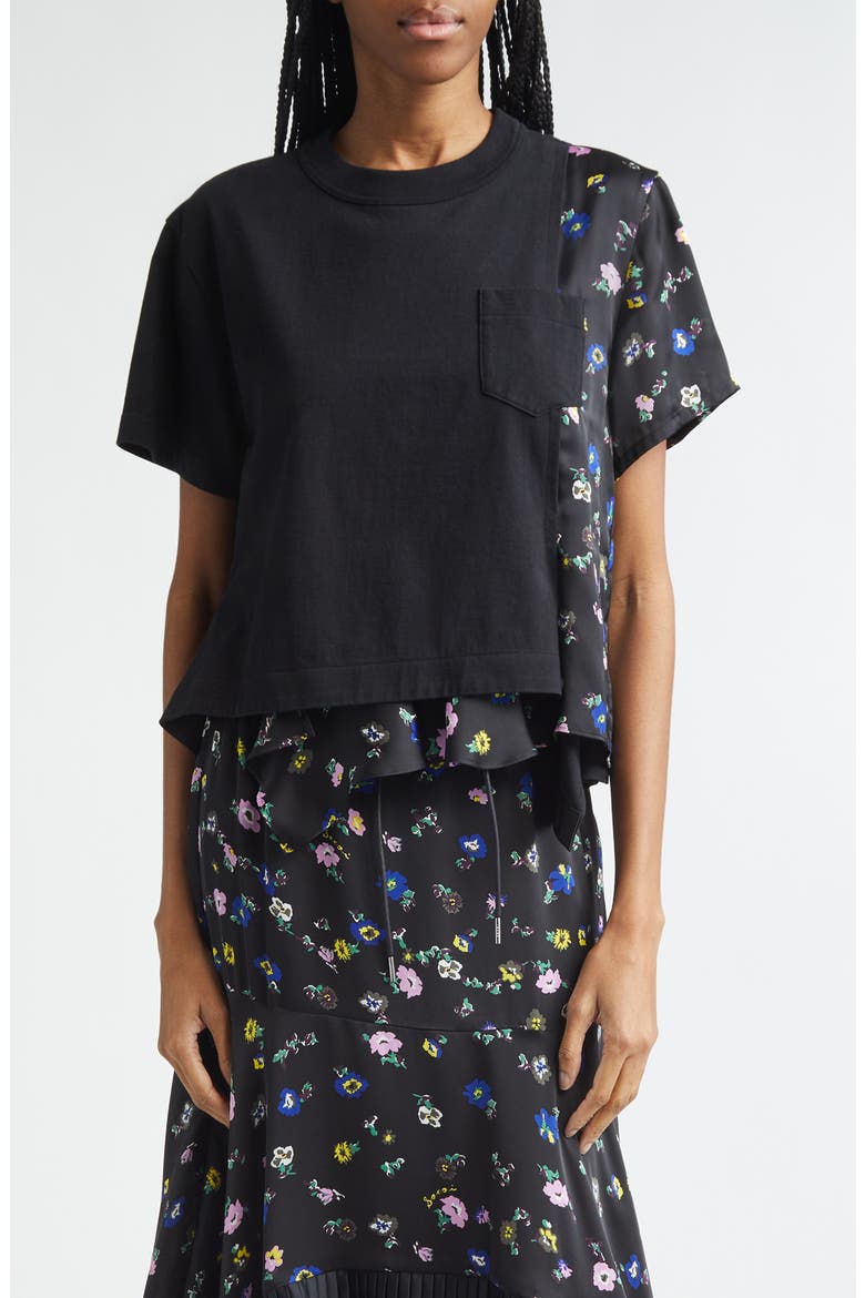 Sacai Mixed Media Cotton Jersey & Floral Satin Pocket T-Shirt