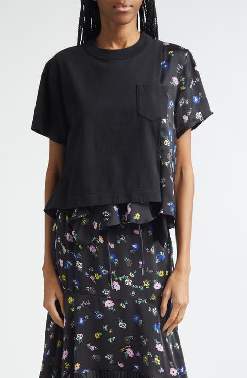 Mixed Media Cotton Jersey & Floral Satin Pocket T-Shirt