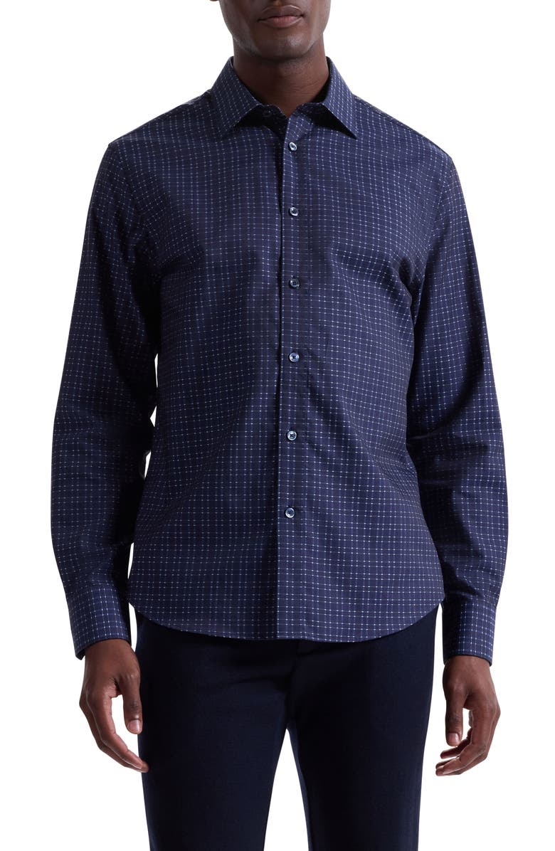 Bugatchi Julian Shaped Fit Check Cotton Button-Up Shirt, Main, color, Navy