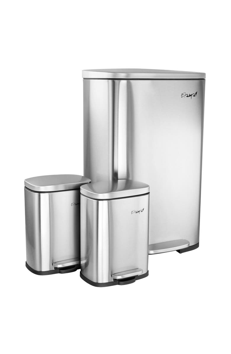 Elama 3 Piece 13 Gallon and 1.3 Gallon Stainless Steel Step Trash Bin Combo Set with Slow Close Mechanism, Main, color, Silver