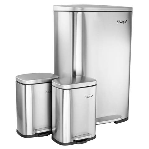 3 Piece 13 Gallon and 1.3 Gallon Stainless Steel Step Trash Bin Combo Set with Slow Close Mechanism