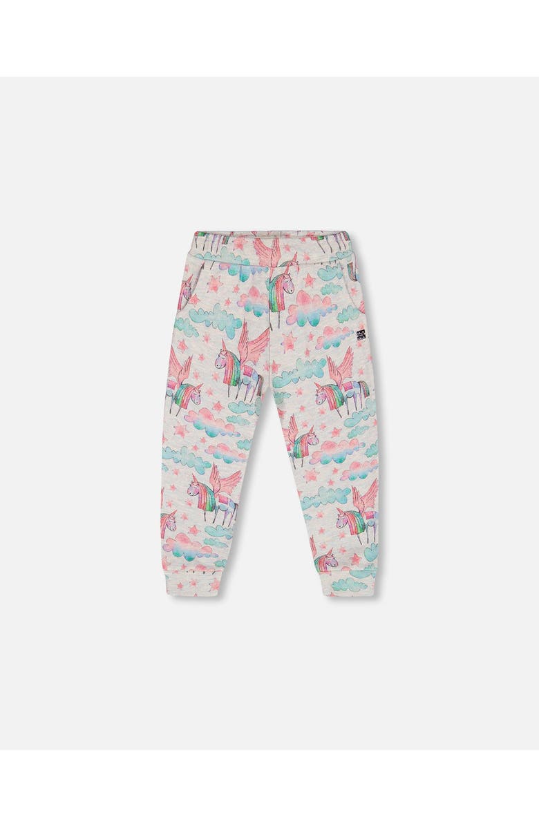 Deux par Deux Girl's Shiny French Terry Sweatpants Gray Mix Printed Unicorn, Main, color, 