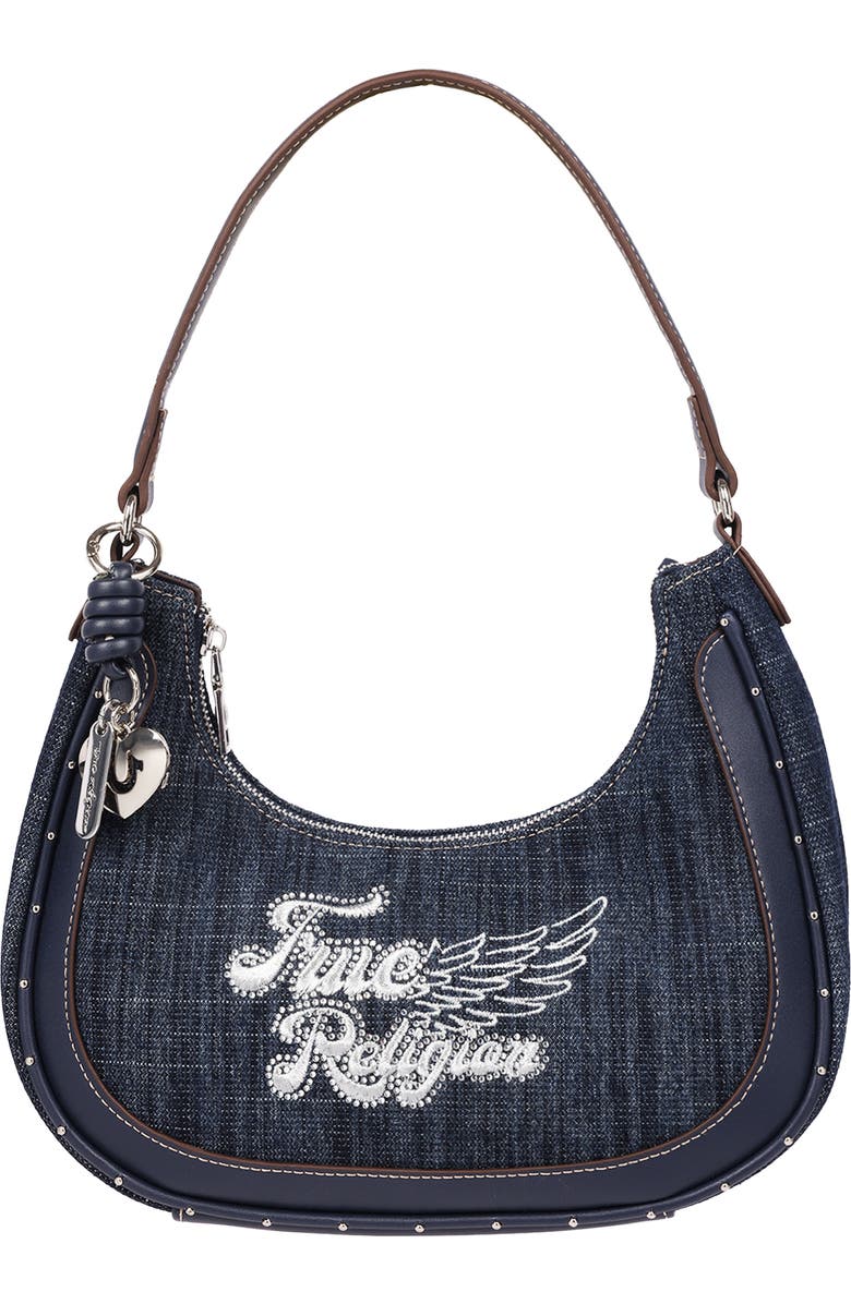 True Religion Wing Motif Denim Hobo Bag, Main, color, Navy