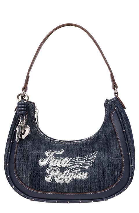 Wing Motif Denim Hobo Bag